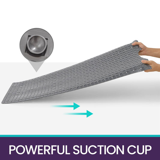 DEXI Bath Tub Shower Mat Non-Slip Extra Long Bathtub Mats, Suction Cups, Drain Holes, Machine Washable Bathroom Bathmat, 40 x 100 cm, Grey Check