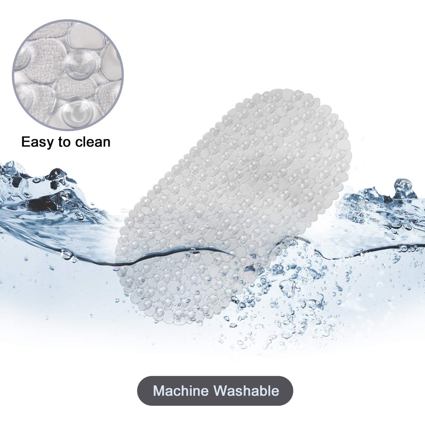 WELTRXE Pebbles Bath Mat Clear Non-Slip Bathtub Mat with Suction Cups, Drain Holes for Bathroom Showers, Tub, Machine Washable, BPA, Latex Free Safe Shower Mats, Oval 27 x 14 Inch