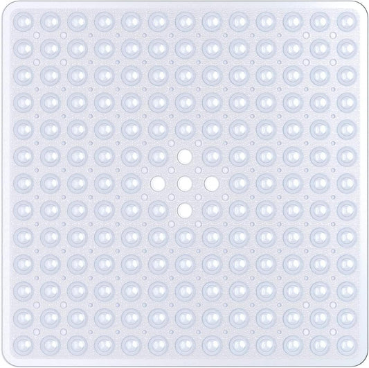 Mumoo Bear Square Shower Mat Non Slip Anti Mould - 53 x 53cm/21 x 21inch Anti Slip Shower Mat with Suction Cup, Antibacterial Rubber Bathtub Mat with Drain Holes, Machine Washable -Clear White