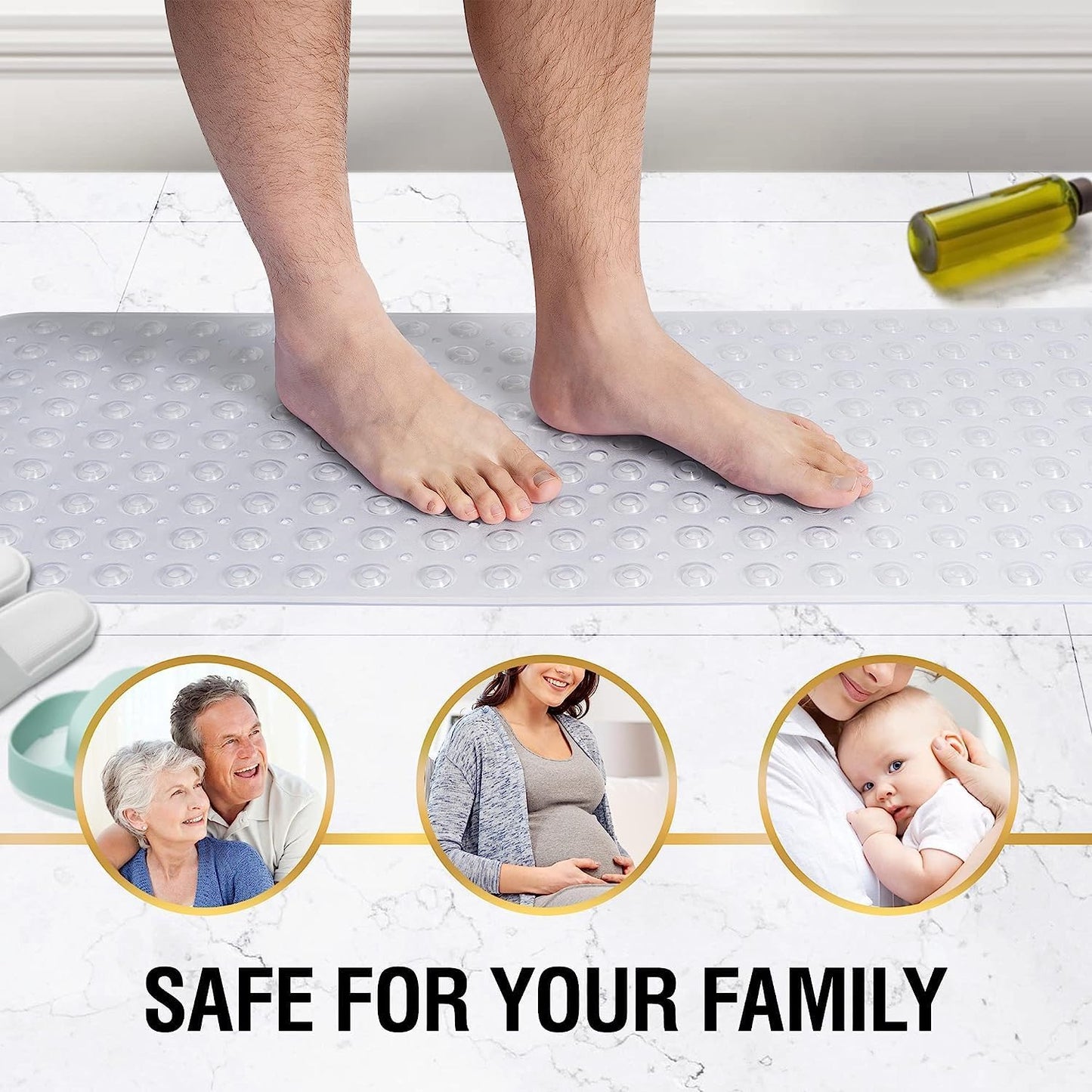 Mumoo Bear Non Slip Bath Mat for Tub, 100 x 40cm Extra Long Shower Mat Anti Mould, Machine Washable Bathroom Bathtub Mat with Suction Cups and Drain Holes, Soft on Feet, Clear