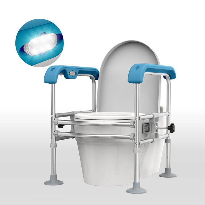Toilet Safety Rail for Seniors with Sensor Light - Heavy Duty 300 Lbs, Universal Fit, Non-Slip Standing Aid, Included Storage Bag (Blue-Grey)