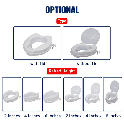 Raised Toilet Seat, Raised Toilet Seat with Lid 300 Lbs Heavy Duty Elevated Toilet Seat with Tightening Clamps Raised Toilet Seats for Most Elongated Toilets (White, 2 Inches) White2in with Lid