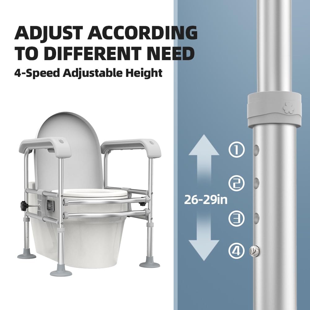 Toilet Safety Rail for Seniors with Sensor Light - Heavy Duty 300 Lbs, Universal Fit, Non-Slip Standing Aid, Included Storage Bag (Blue-Grey)