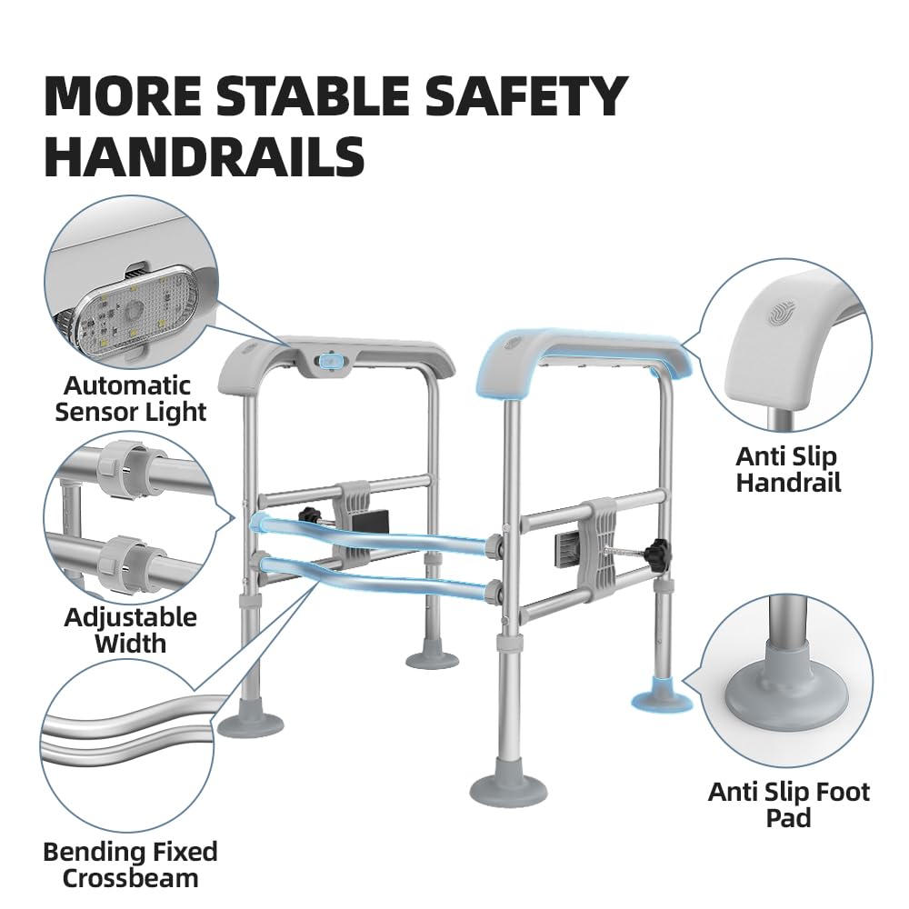 Toilet Safety Rail for Seniors with Sensor Light - Heavy Duty 300 Lbs, Universal Fit, Non-Slip Standing Aid, Included Storage Bag (Blue-Grey)