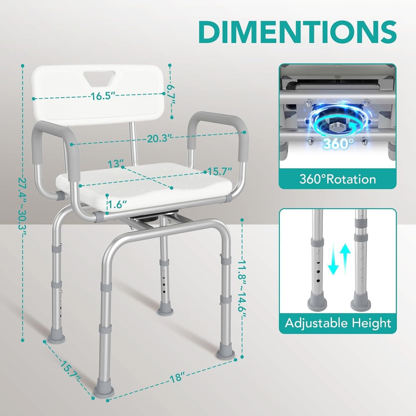 HEARTHLY 360 Swivel Heavy Duty 400lbs Shower Chair - White