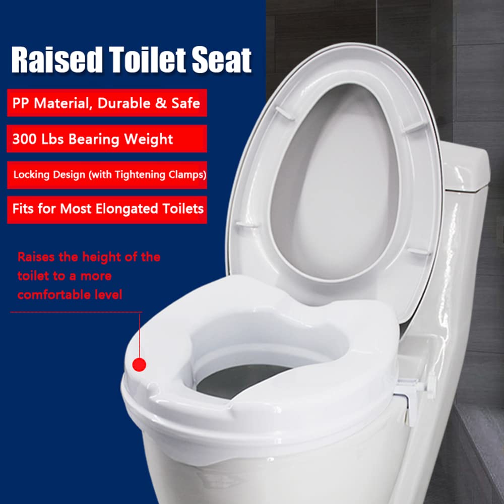 Raised Toilet Seat, Raised Toilet Seat with Lid 300 Lbs Heavy Duty Elevated Toilet Seat with Tightening Clamps Raised Toilet Seats for Most Elongated Toilets (White, 2 Inches) White2in with Lid
