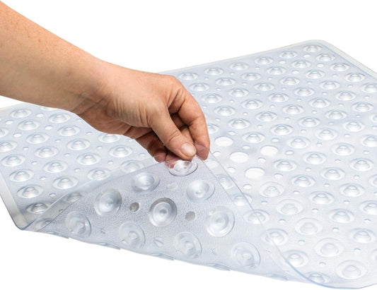 Mumoo Bear Square Shower Mat Non Slip Anti Mould - 53 x 53cm/21 x 21inch Anti Slip Shower Mat with Suction Cup, Antibacterial Rubber Bathtub Mat with Drain Holes, Machine Washable -Clear White