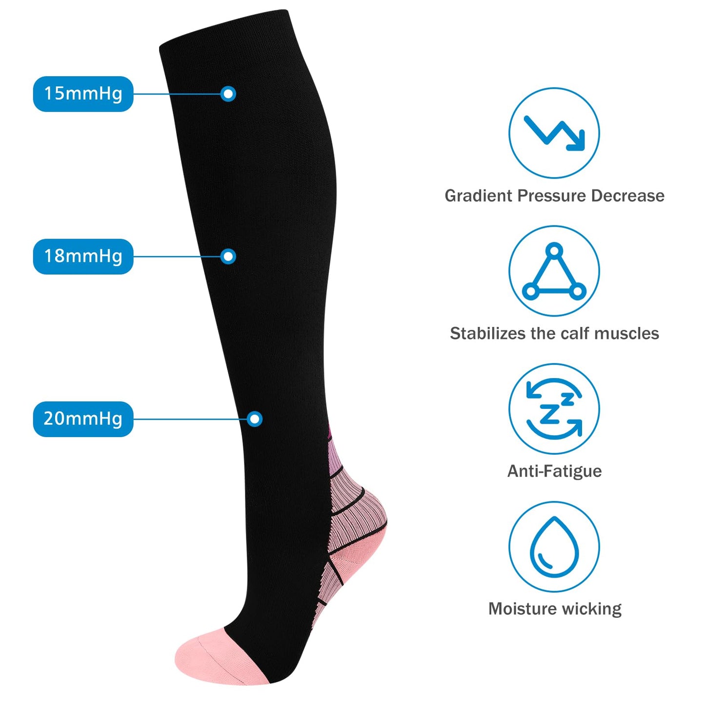 EYMOE Compression Socks 15-20 mmHg Support Stockings - Unisex - 2 Pairs
