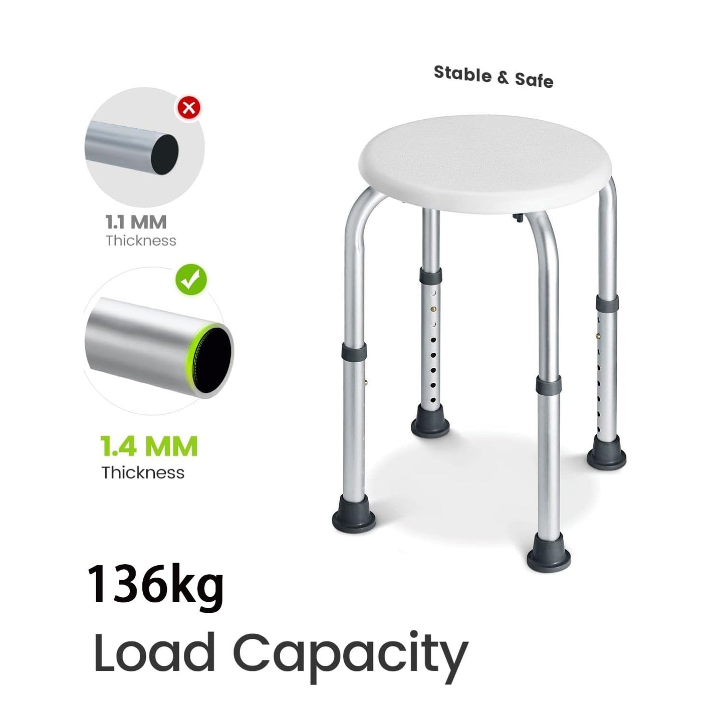 ROFVMILE Adjustable Non-Slip Tool-Free Shower Chair - White