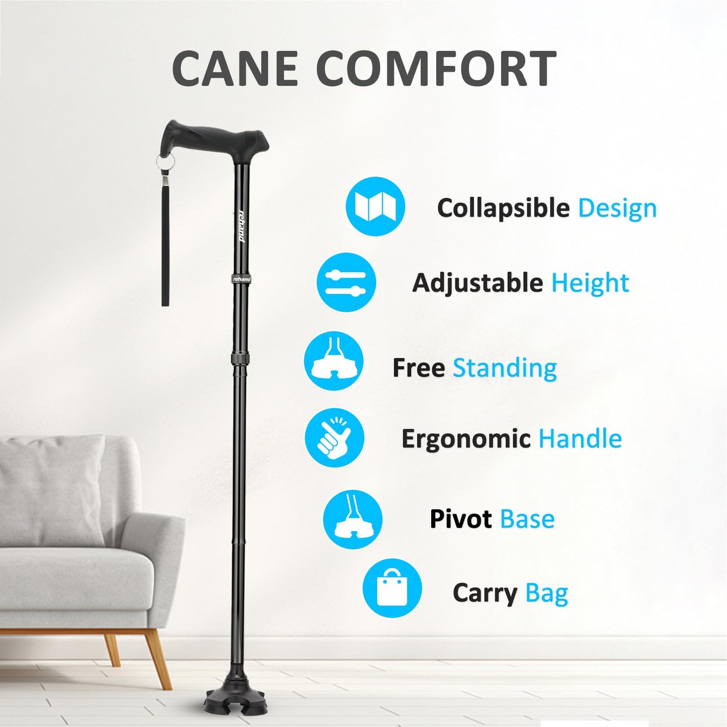 rehand Foldable Adjustable Lightweight Walking Stick