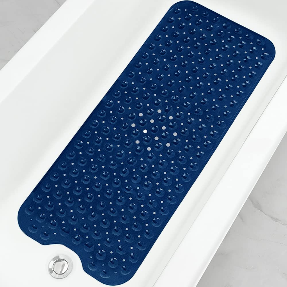 Linoows Bathtub and Shower Mats, Extra Long Non-Slip Bath Tub Mat 39 x 16 Inch, Machine Washable Bathmat with Suction Cups & Drain Holes for Bathroom Floor, Navy Blue