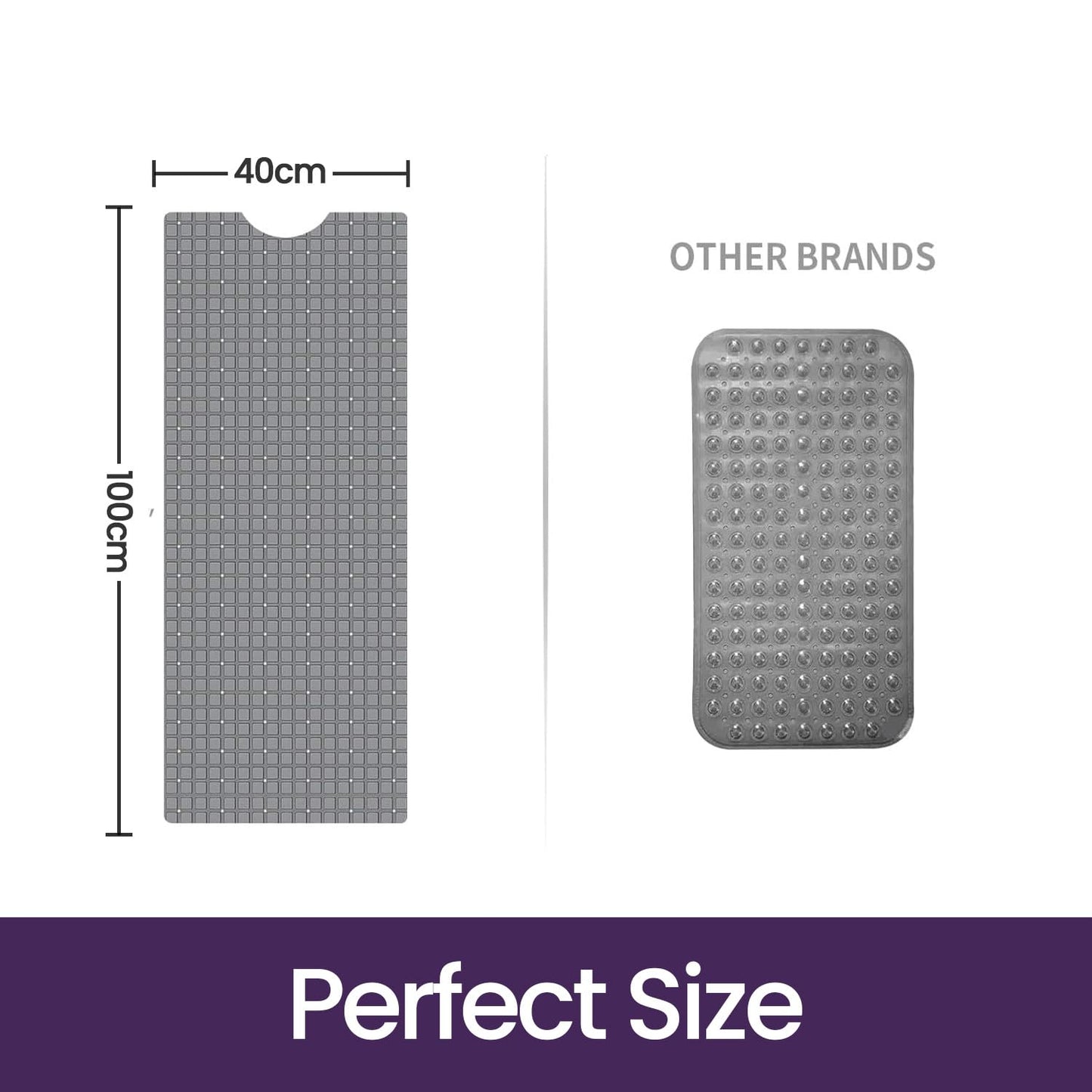 DEXI Bath Tub Shower Mat Non-Slip Extra Long Bathtub Mats, Suction Cups, Drain Holes, Machine Washable Bathroom Bathmat, 40 x 100 cm, Grey Check
