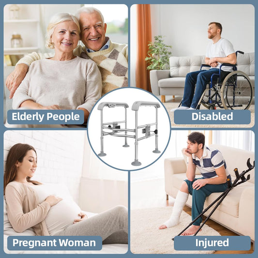 Toilet Safety Rail for Seniors with Sensor Light - Heavy Duty 300 Lbs, Universal Fit, Non-Slip Standing Aid, Included Storage Bag (Blue-Grey)