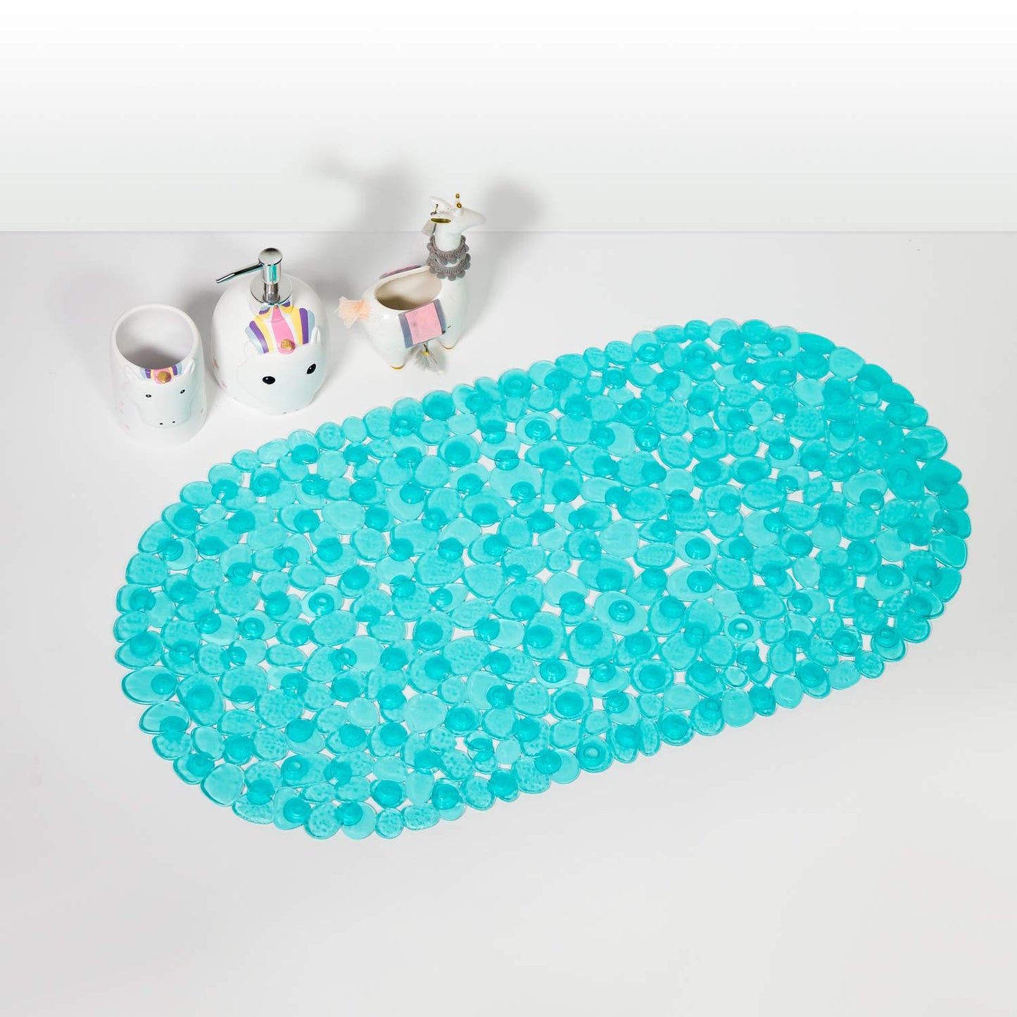 WELTRXE Pebbles Bath Mat Oval Non-Slip Bathtub Mat with Suction Cups, Drain Holes for Bathroom Showers, Tub, Machine Washable, BPA, Latex Free Safe Shower Mats, 27 x 14 Inch, Teal