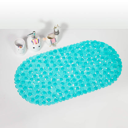 WELTRXE Pebbles Bath Mat Oval Non-Slip Bathtub Mat with Suction Cups, Drain Holes for Bathroom Showers, Tub, Machine Washable, BPA, Latex Free Safe Shower Mats, 27 x 14 Inch, Teal