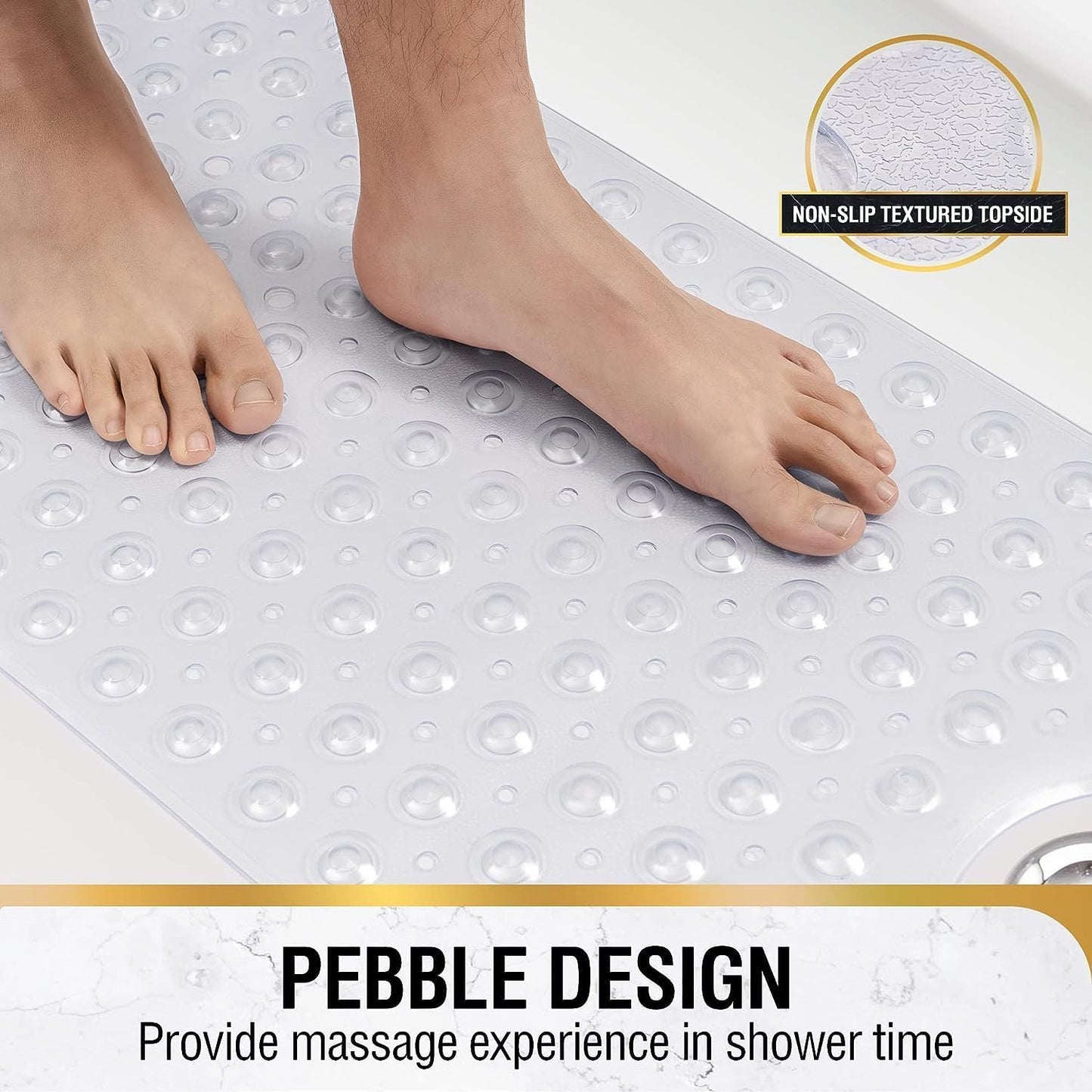 Mumoo Bear Non Slip Bath Mat for Tub, 100 x 40cm Extra Long Shower Mat Anti Mould, Machine Washable Bathroom Bathtub Mat with Suction Cups and Drain Holes, Soft on Feet, Clear