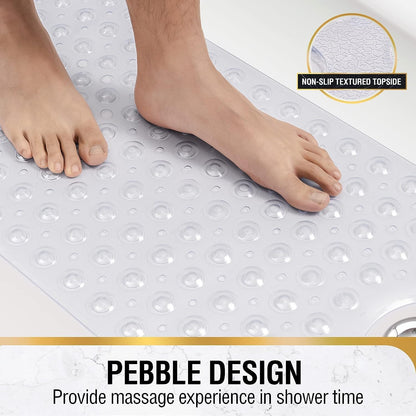 Mumoo Bear Non Slip Bath Mat for Tub, 100 x 40cm Extra Long Shower Mat Anti Mould, Machine Washable Bathroom Bathtub Mat with Suction Cups and Drain Holes, Soft on Feet, Clear