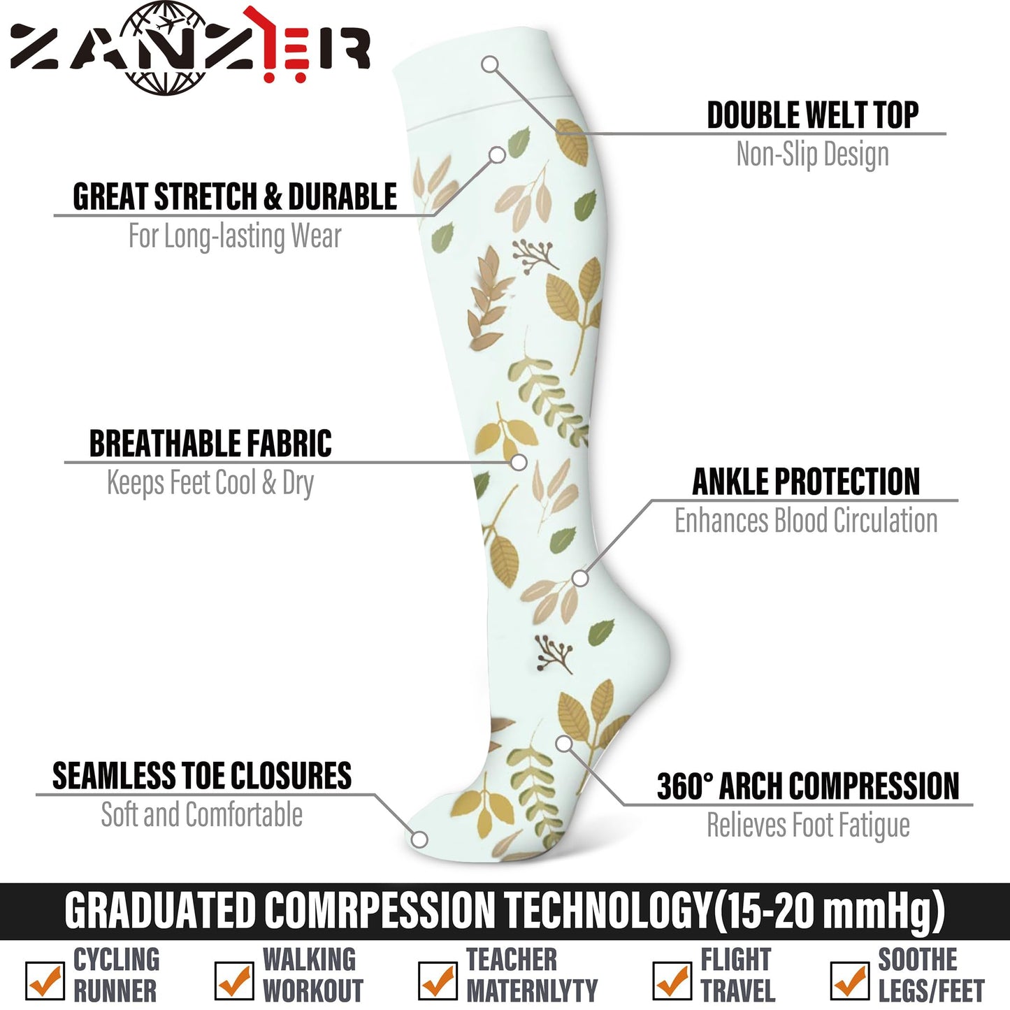 ZANZER Compression Socks 15-20 mmHg Graduated - Unisex - 6 Pairs