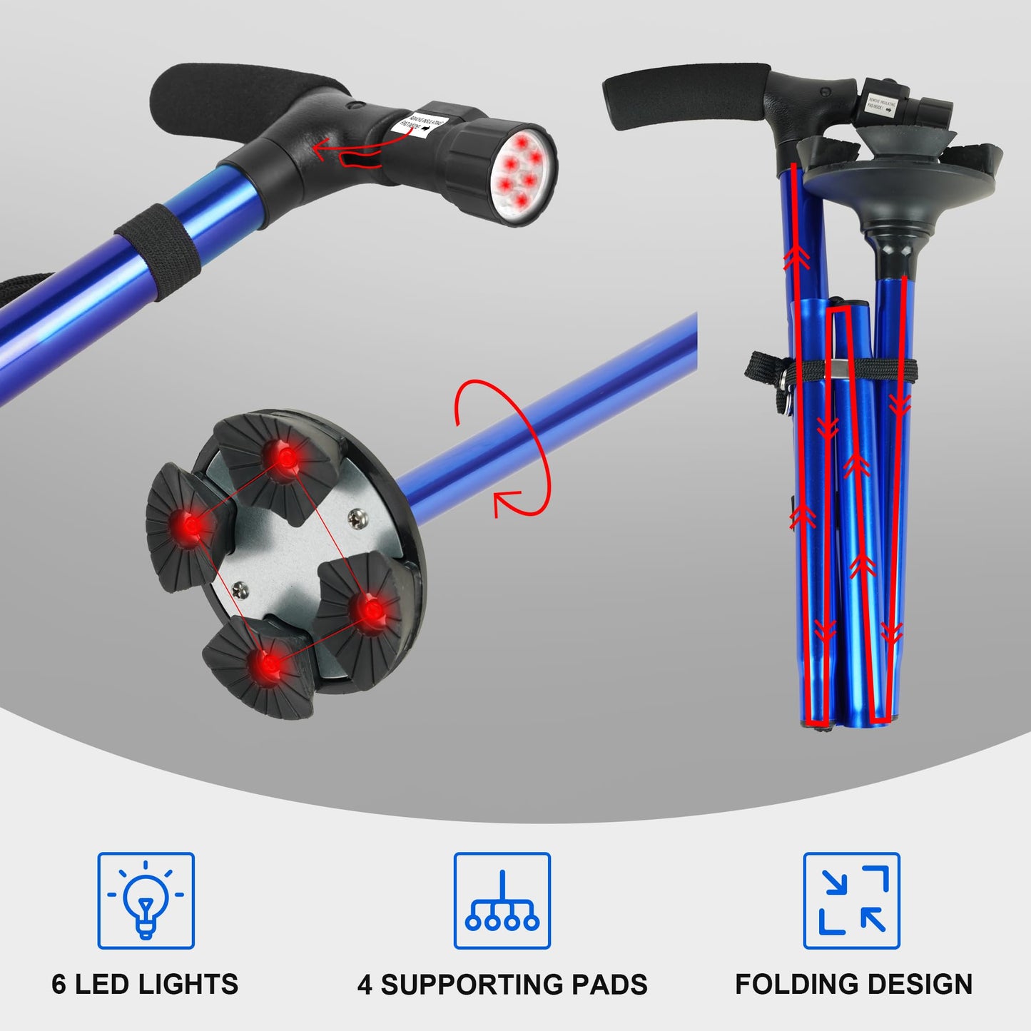 CozyKit Folding LED Light Adjustable Walking Cane for Elderly & Seniors