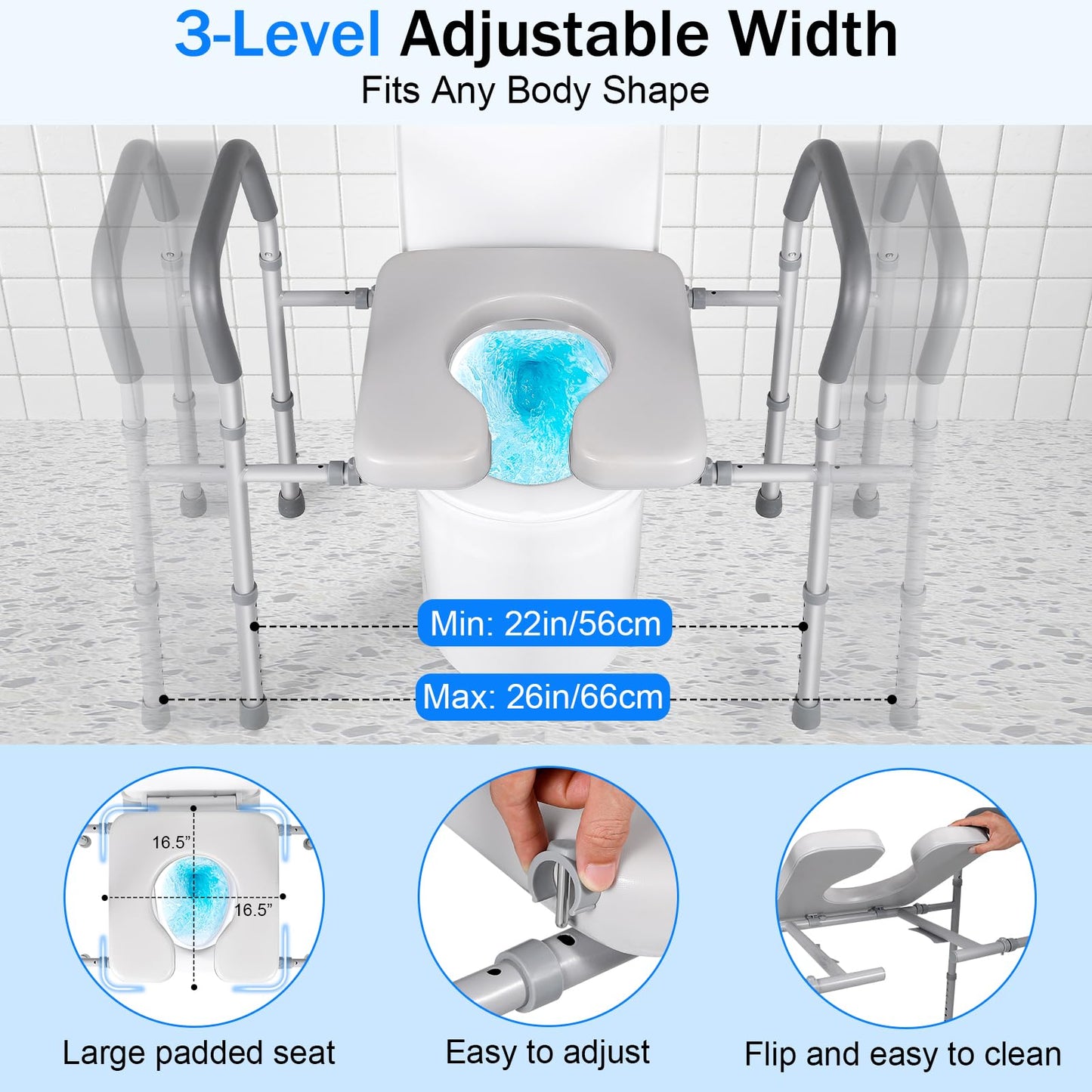 Width & Height Adjustable Raised Toilet Seat with Handles, Multi-Use Toilet Seat Risers for Seniors, Elevated Toilet Riser with Handles (with Bucket)