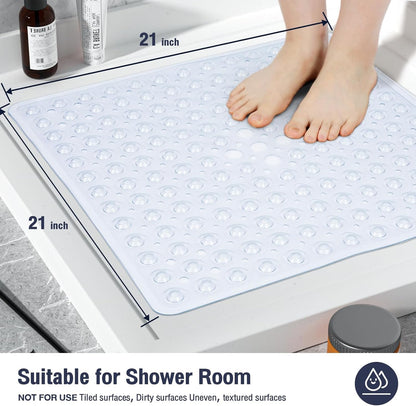 Mumoo Bear Square Shower Mat Non Slip Anti Mould - 53 x 53cm/21 x 21inch Anti Slip Shower Mat with Suction Cup, Antibacterial Rubber Bathtub Mat with Drain Holes, Machine Washable -Clear White