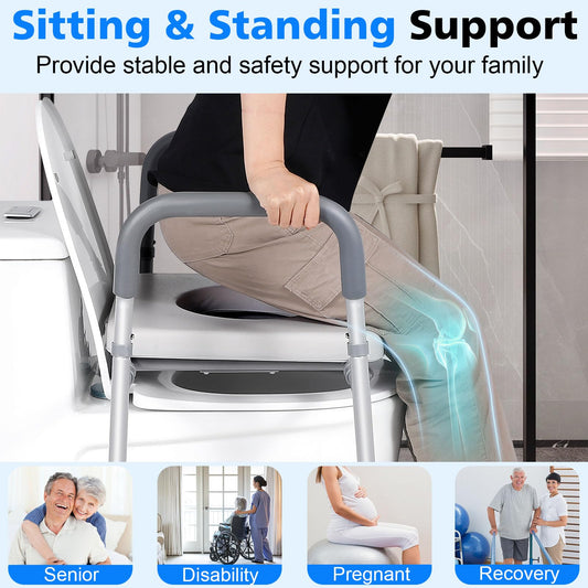 Width & Height Adjustable Raised Toilet Seat with Handles, Multi-Use Toilet Seat Risers for Seniors, Elevated Toilet Riser with Handles (with Bucket)