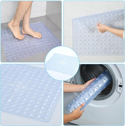 Mumoo Bear Square Shower Mat Non Slip Anti Mould - 53 x 53cm/21 x 21inch Anti Slip Shower Mat with Suction Cup, Antibacterial Rubber Bathtub Mat with Drain Holes, Machine Washable -Clear White