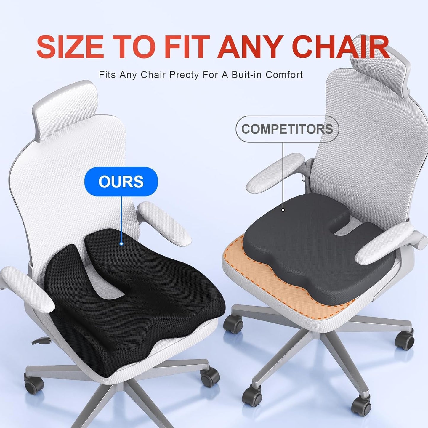 Benazcap Seat Cushion, Ergonomic Coccyx Cushion for Office and Car Chair, Sciatica Pain Relief, Memory Foam Seat Cushion with Washable Cover, Lumbar Support Cushion for Long Sitting