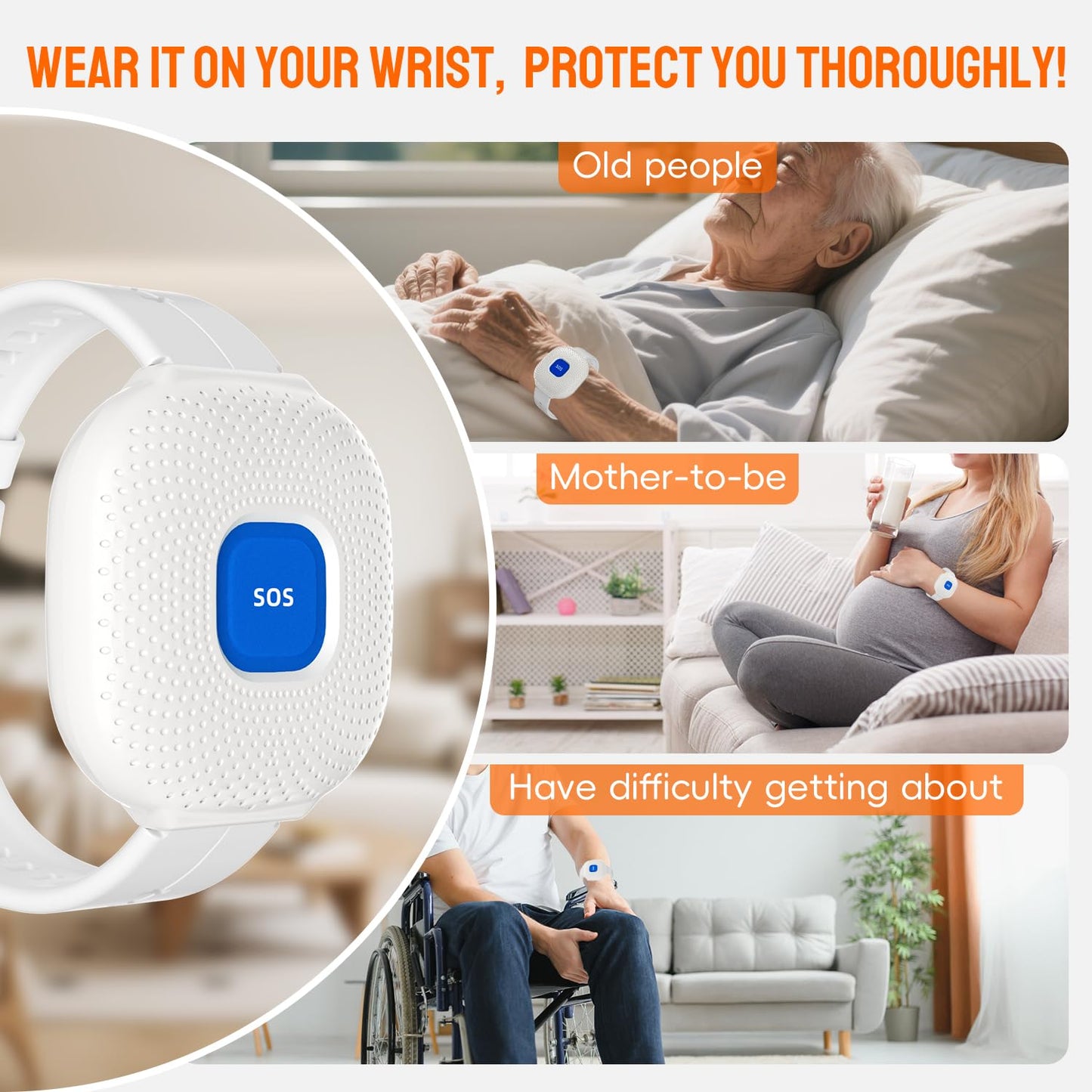 UanTii Waterproof Smart SOS Bracelet Tuya WiFi Emergency Alert SOS Watch for Elderly Fall Alarm SOS Call Panic Button