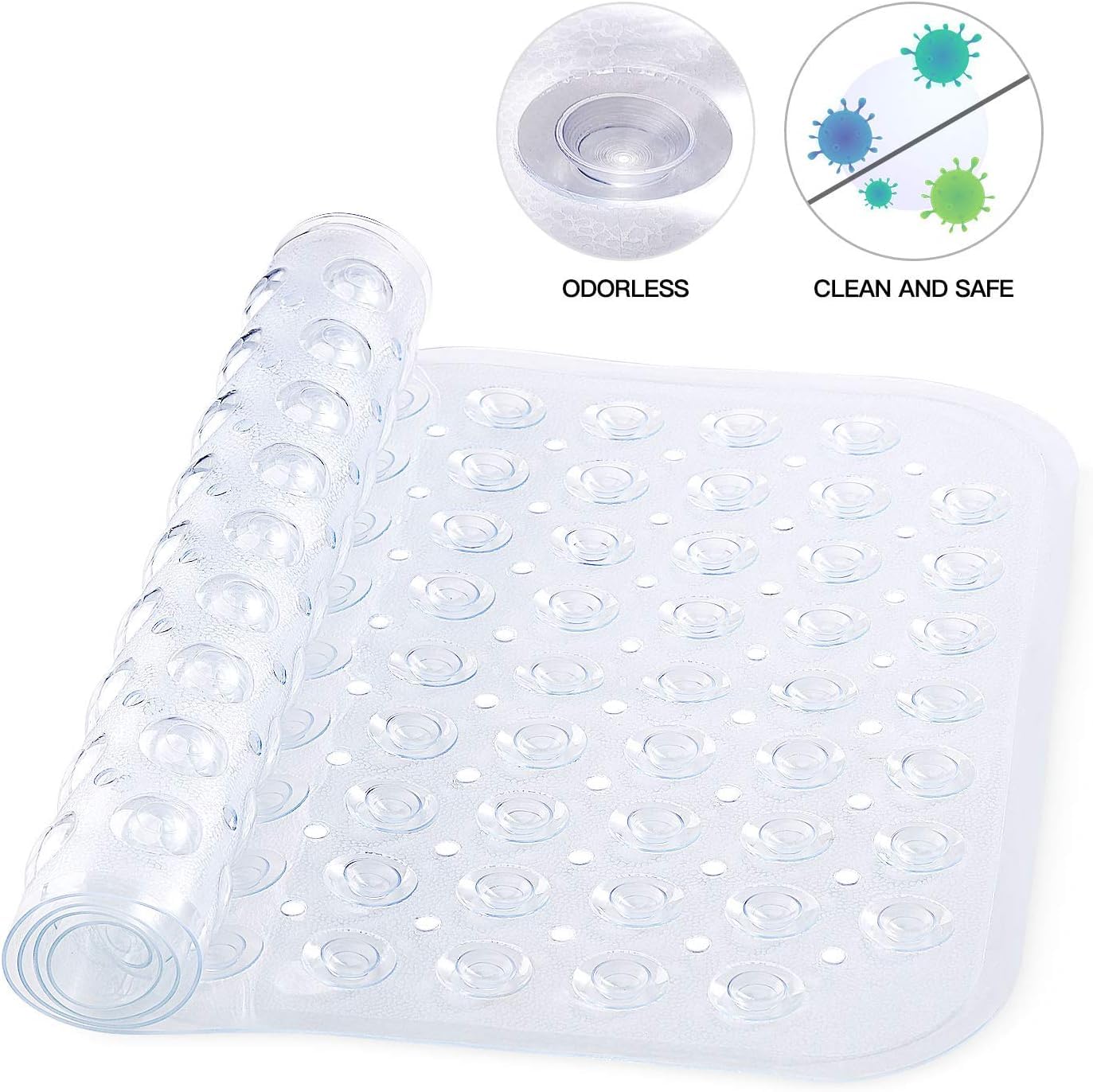 Mumoo Bear Non Slip Bath Mat for Tub, 100 x 40cm Extra Long Shower Mat Anti Mould, Machine Washable Bathroom Bathtub Mat with Suction Cups and Drain Holes, Soft on Feet, Clear