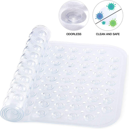 Mumoo Bear Non Slip Bath Mat for Tub, 100 x 40cm Extra Long Shower Mat Anti Mould, Machine Washable Bathroom Bathtub Mat with Suction Cups and Drain Holes, Soft on Feet, Clear