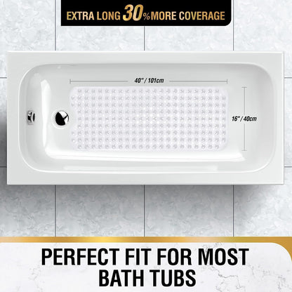 Mumoo Bear Non Slip Bath Mat for Tub, 100 x 40cm Extra Long Shower Mat Anti Mould, Machine Washable Bathroom Bathtub Mat with Suction Cups and Drain Holes, Soft on Feet, Clear