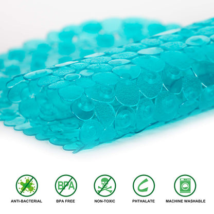 WELTRXE Pebbles Bath Mat Oval Non-Slip Bathtub Mat with Suction Cups, Drain Holes for Bathroom Showers, Tub, Machine Washable, BPA, Latex Free Safe Shower Mats, 27 x 14 Inch, Teal