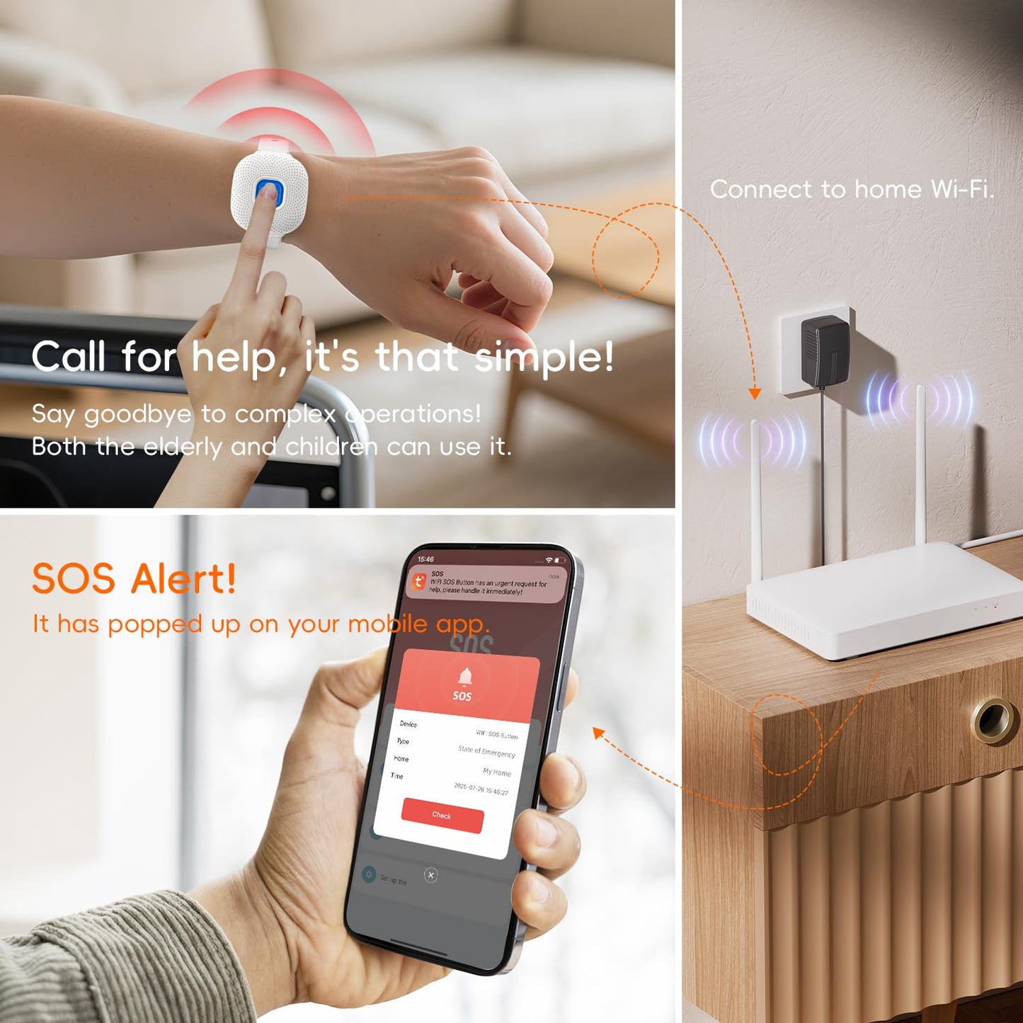 UanTii Waterproof Smart SOS Bracelet Tuya WiFi Emergency Alert SOS Watch for Elderly Fall Alarm SOS Call Panic Button