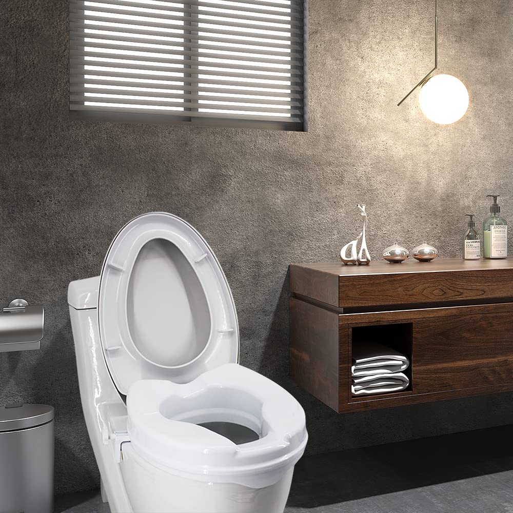 Raised Toilet Seat, Raised Toilet Seat with Lid 300 Lbs Heavy Duty Elevated Toilet Seat with Tightening Clamps Raised Toilet Seats for Most Elongated Toilets (White, 2 Inches) White2in with Lid