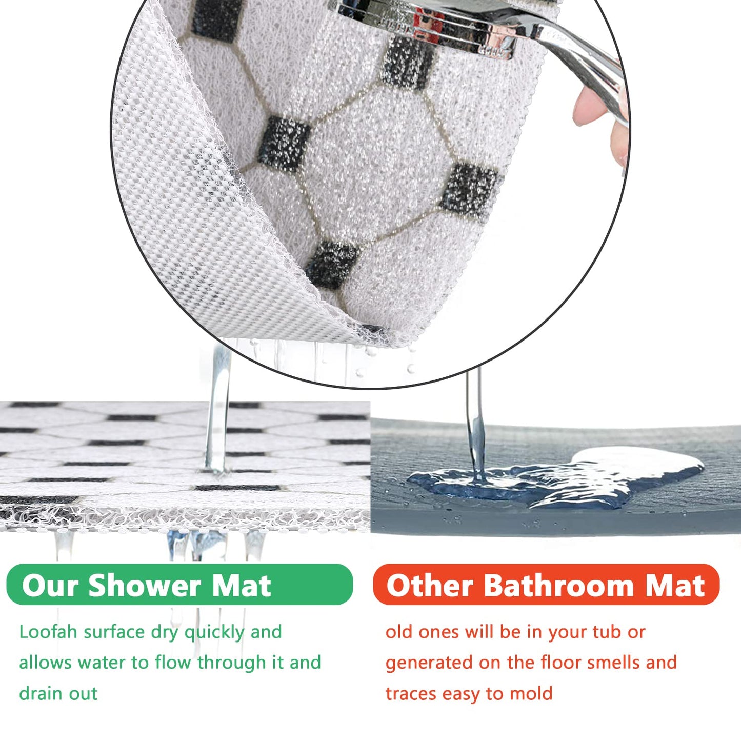 Shower Mat Non Slip Anti-Mildew: 60x60 cm Square Shower Mats with Drain Holes - Soft PVC Loofah Bathtub Mat for Kids and Elderly - Quick Drying Bath Matt for Shower Stall
