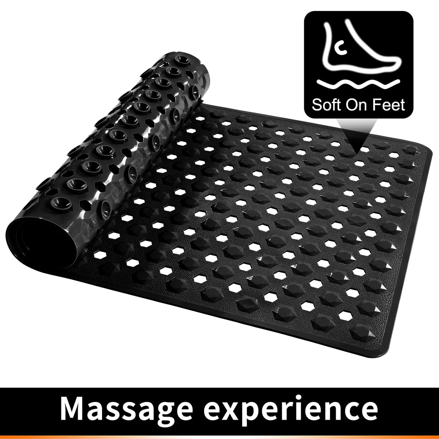 Bath Mat - Large Non Slip Bathtub & Shower Mat with Drain Hole and Suction Cups, Soft on Feet, Machine Washable, Easy Dry (Black, 88 * 40CM)
