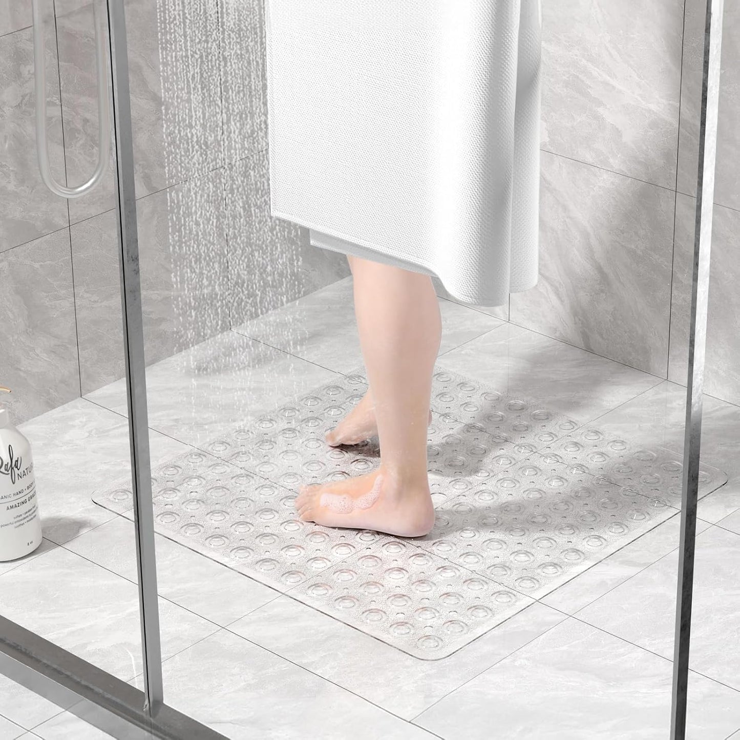 Mumoo Bear Square Shower Mat Non Slip Anti Mould - 53 x 53cm/21 x 21inch Anti Slip Shower Mat with Suction Cup, Antibacterial Rubber Bathtub Mat with Drain Holes, Machine Washable -Clear White
