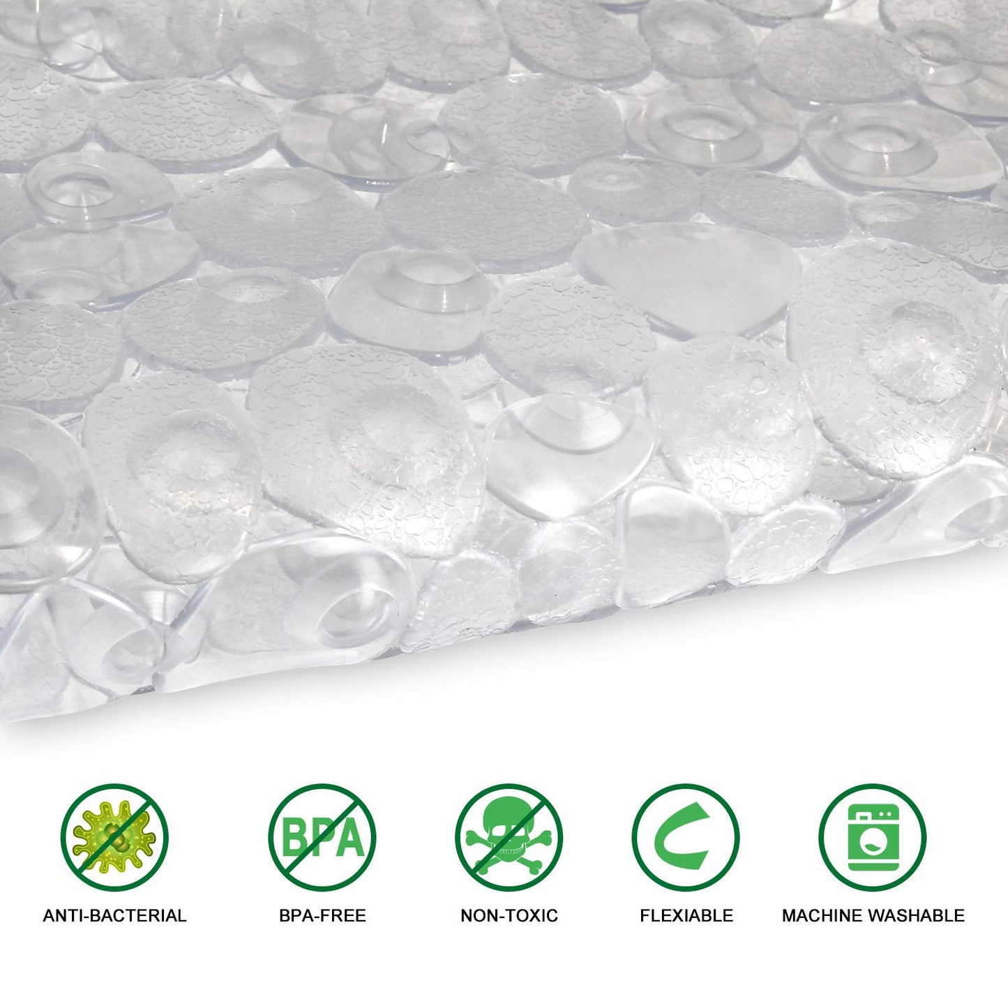 WELTRXE Pebbles Bath Mat Clear Non-Slip Bathtub Mat with Suction Cups, Drain Holes for Bathroom Showers, Tub, Machine Washable, BPA, Latex Free Safe Shower Mats, Oval 27 x 14 Inch