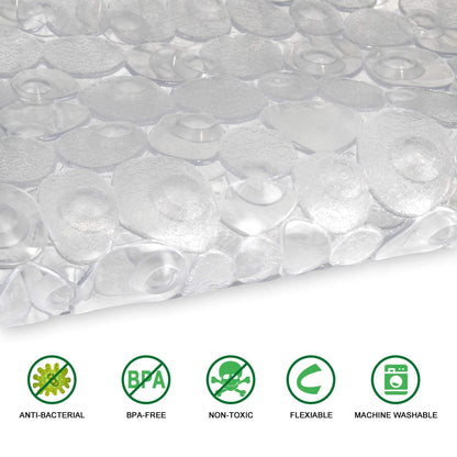 WELTRXE Pebbles Bath Mat Clear Non-Slip Bathtub Mat with Suction Cups, Drain Holes for Bathroom Showers, Tub, Machine Washable, BPA, Latex Free Safe Shower Mats, Oval 27 x 14 Inch