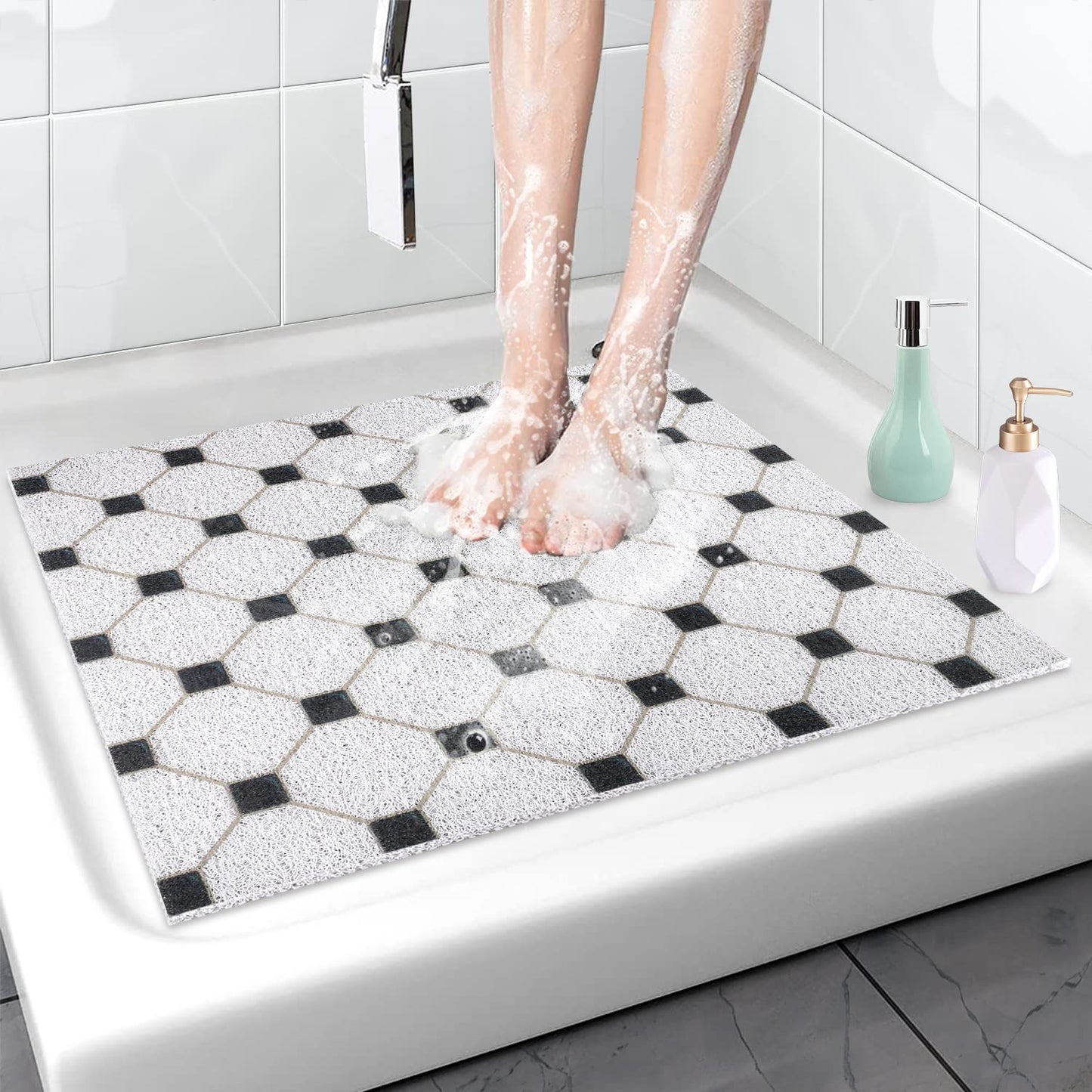 Shower Mat Non Slip Anti-Mildew: 60x60 cm Square Shower Mats with Drain Holes - Soft PVC Loofah Bathtub Mat for Kids and Elderly - Quick Drying Bath Matt for Shower Stall