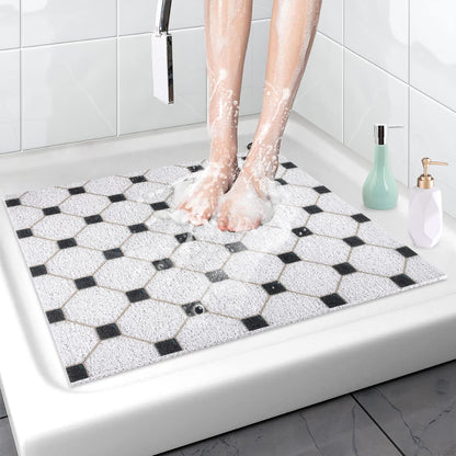 Shower Mat Non Slip Anti-Mildew: 60x60 cm Square Shower Mats with Drain Holes - Soft PVC Loofah Bathtub Mat for Kids and Elderly - Quick Drying Bath Matt for Shower Stall