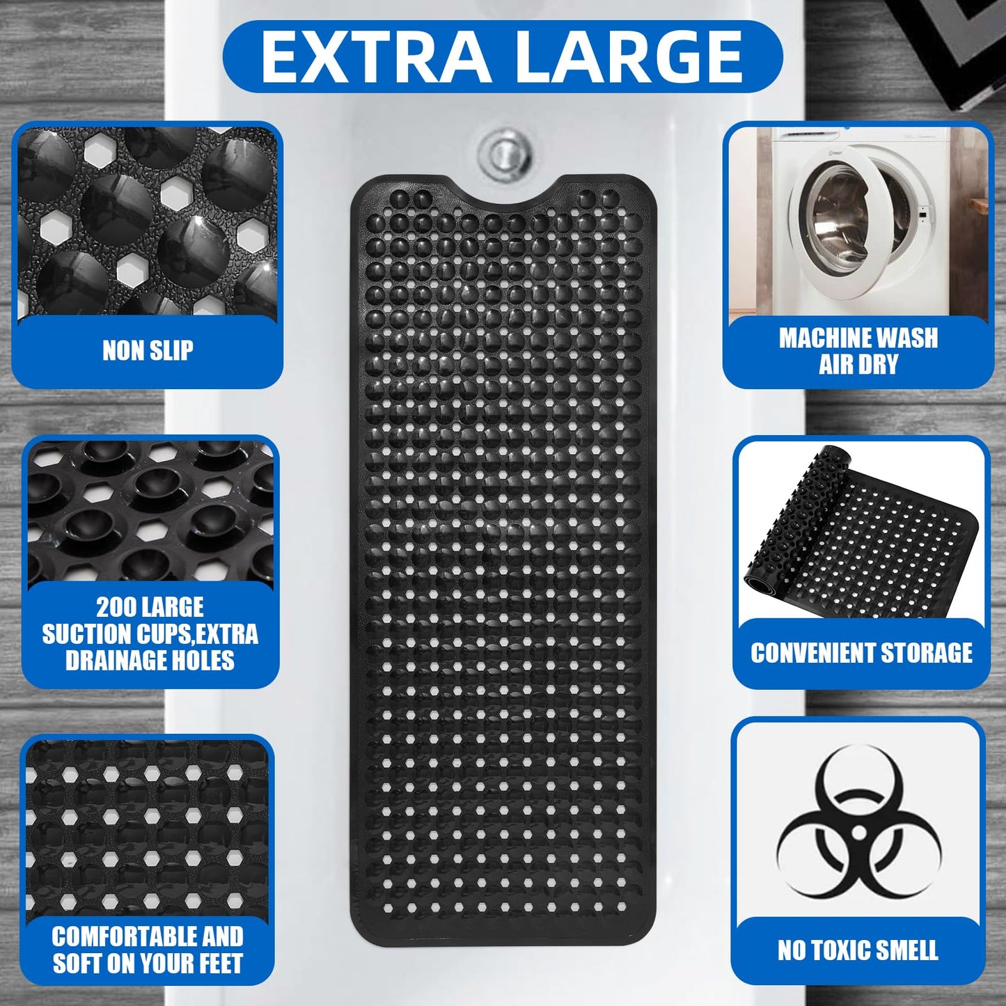MOONFLY Non-Slip Suction Cup 40x16 Inches Bathtub Mat - Black
