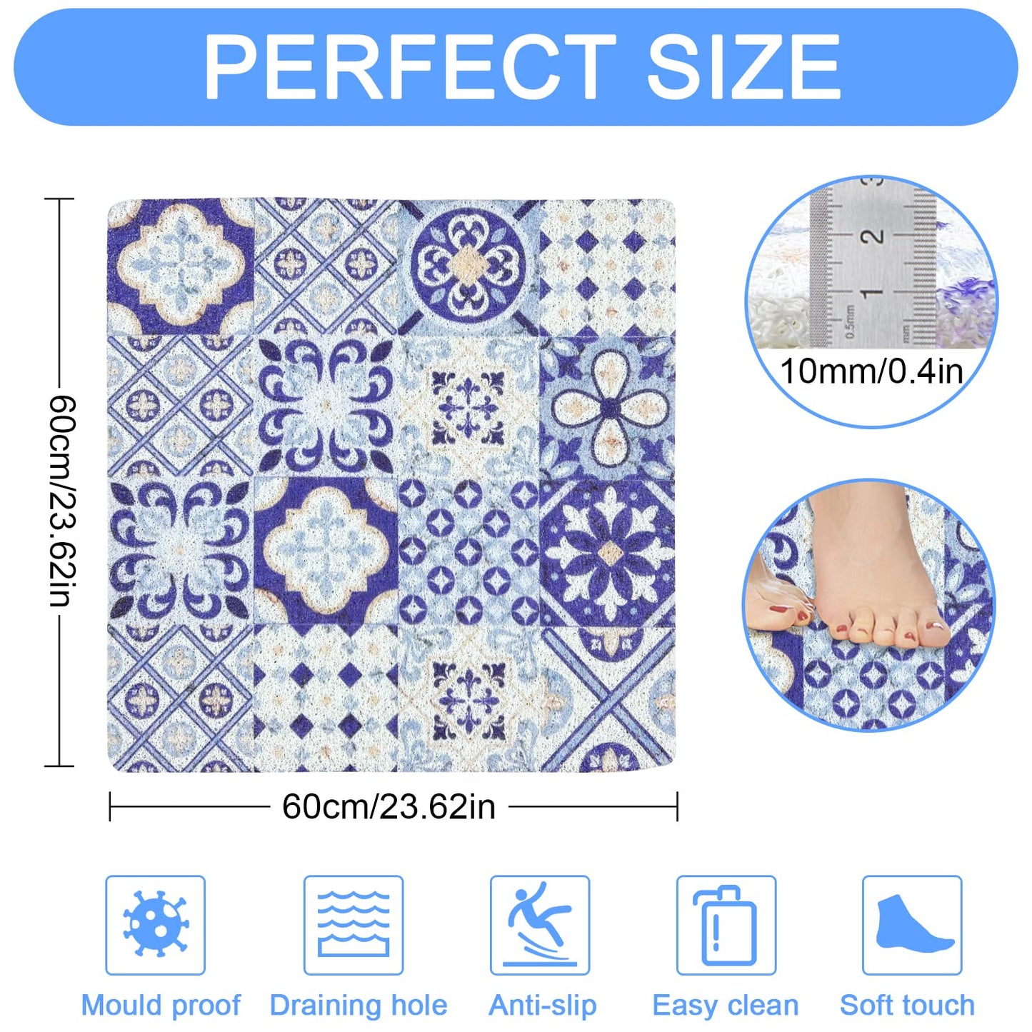 Tehyda PVC Loofah Soft Non-Slip 60x60cm Shower Mat