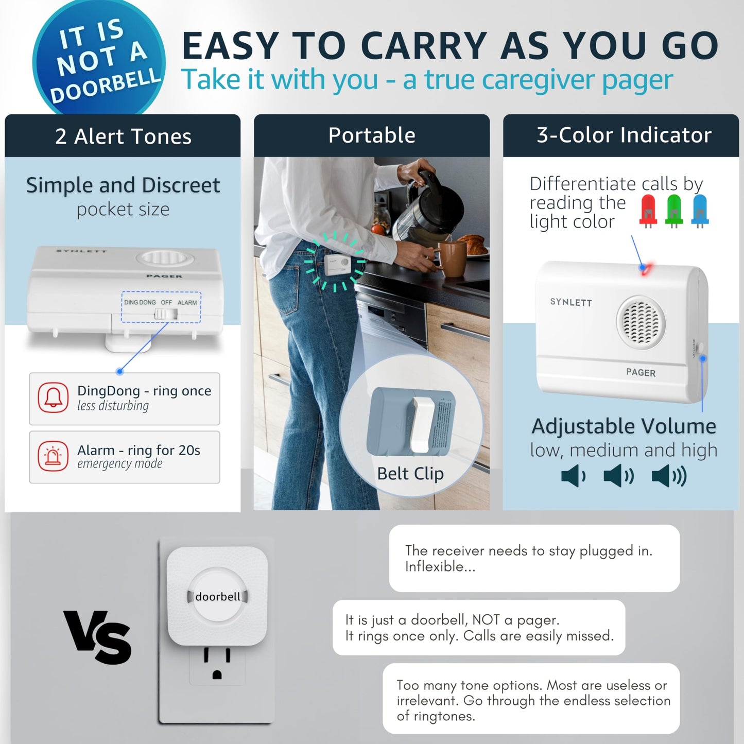 Caregiver Pager 3 Wireless Nurse Call Buttons for Elderly Monitoring SOS Alert System Portable Alarm Call Bell for Nursing Home Care Seniors Patients Emergency
