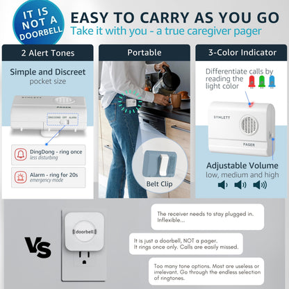 Caregiver Pager 3 Wireless Nurse Call Buttons for Elderly Monitoring SOS Alert System Portable Alarm Call Bell for Nursing Home Care Seniors Patients Emergency