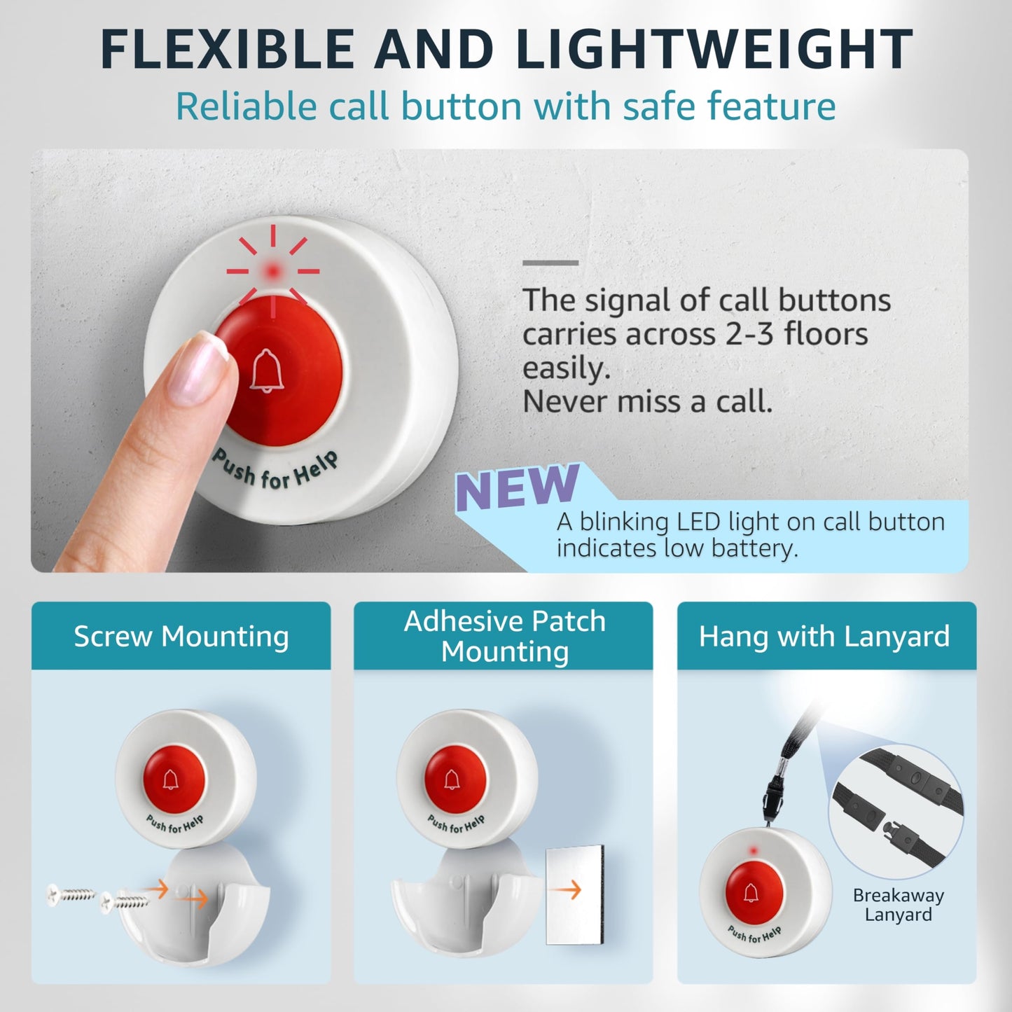 Caregiver Pager 3 Wireless Nurse Call Buttons for Elderly Monitoring SOS Alert System Portable Alarm Call Bell for Nursing Home Care Seniors Patients Emergency