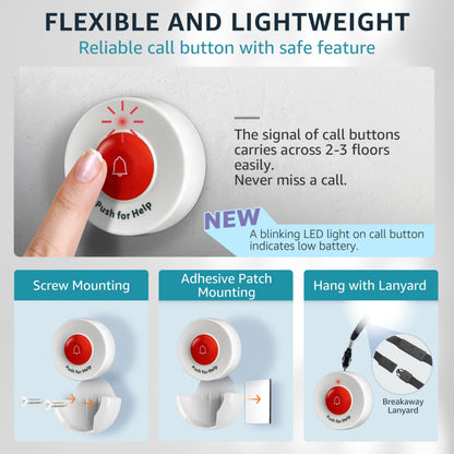 Caregiver Pager 3 Wireless Nurse Call Buttons for Elderly Monitoring SOS Alert System Portable Alarm Call Bell for Nursing Home Care Seniors Patients Emergency