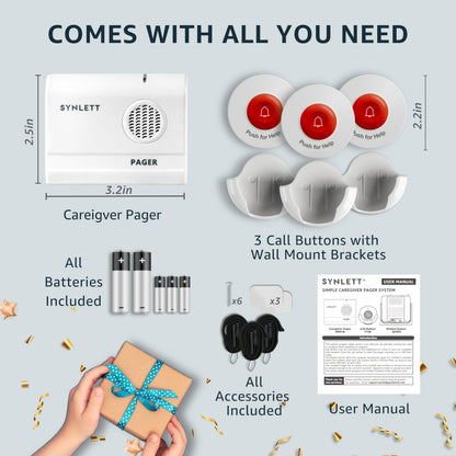 Caregiver Pager 3 Wireless Nurse Call Buttons for Elderly Monitoring SOS Alert System Portable Alarm Call Bell for Nursing Home Care Seniors Patients Emergency
