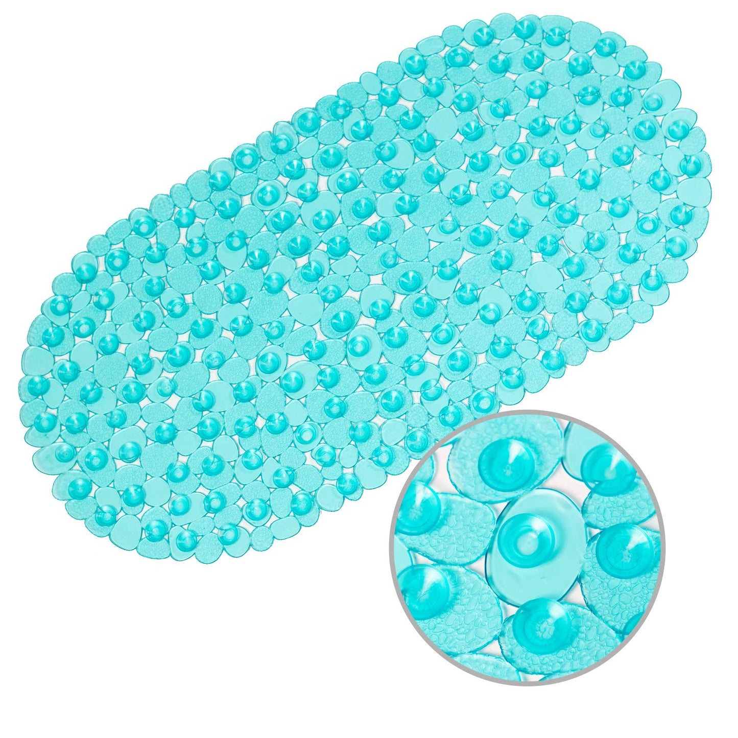 WELTRXE Pebbles Bath Mat Oval Non-Slip Bathtub Mat with Suction Cups, Drain Holes for Bathroom Showers, Tub, Machine Washable, BPA, Latex Free Safe Shower Mats, 27 x 14 Inch, Teal